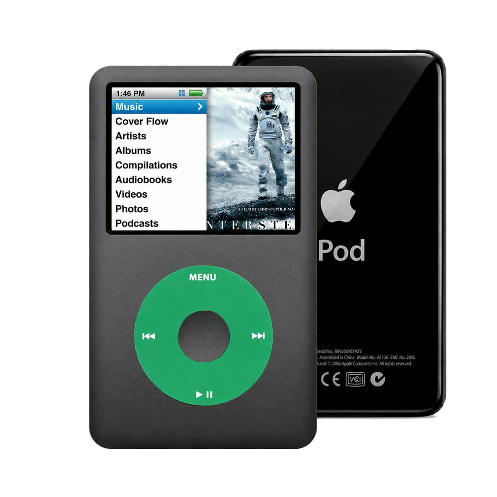 Dark Gray refurbished iPod Classic 7th Gen with Green click wheel and Black back plate