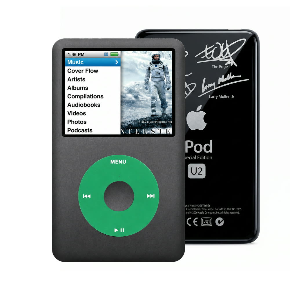 Dark Gray refurbished iPod Classic 7th Gen with Green click wheel and Black U2 back plate