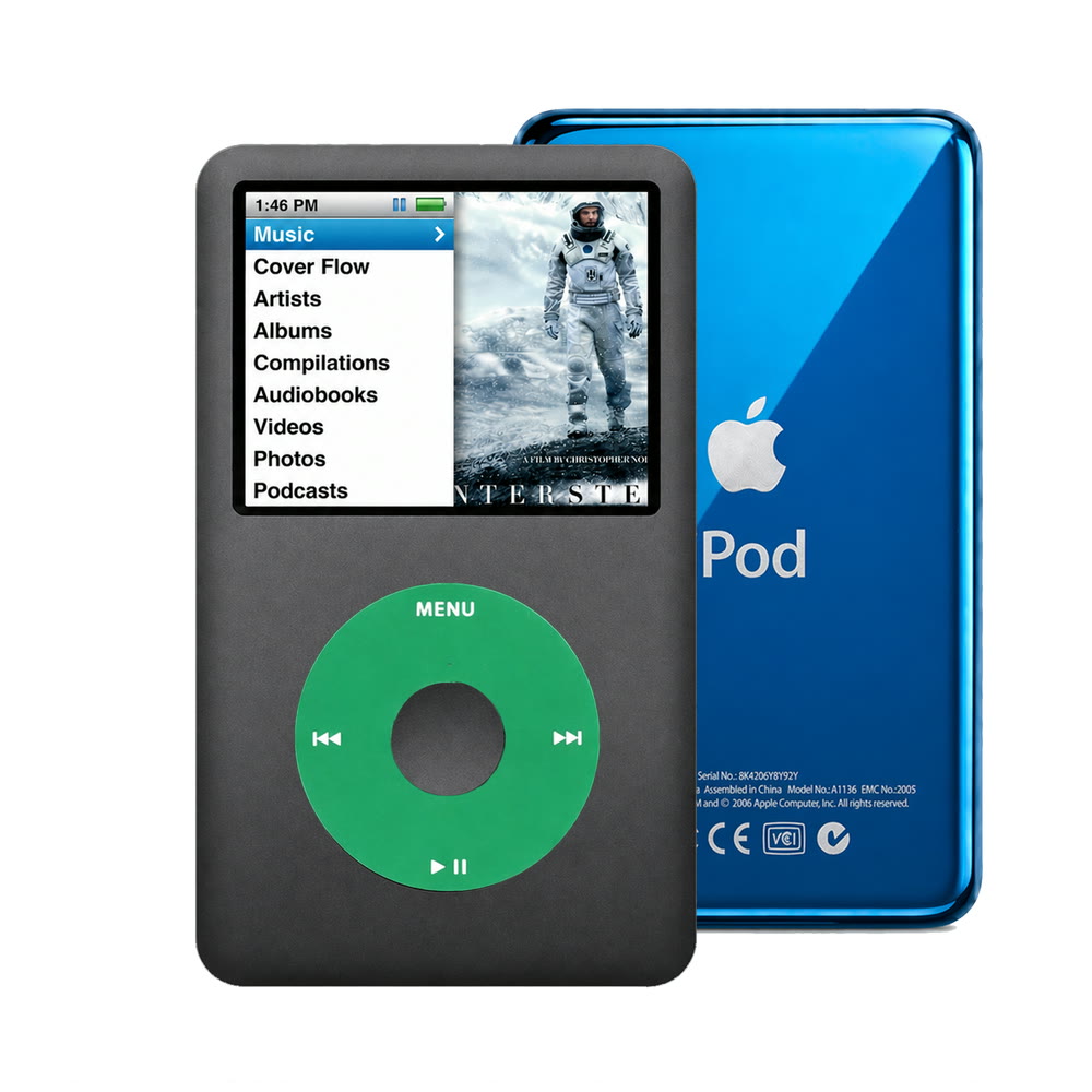 Dark Gray refurbished iPod Classic 7th Gen with Green click wheel and Blue back plate