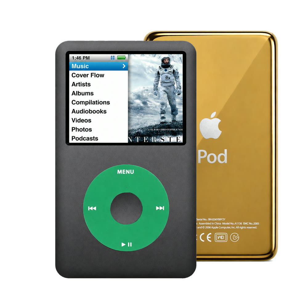 Dark Gray refurbished iPod Classic 7th Gen with Green click wheel and Gold back plate