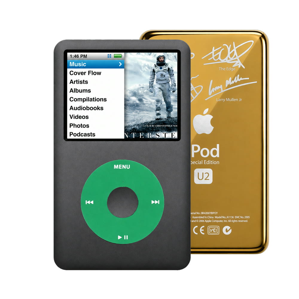 Dark Gray refurbished iPod Classic 7th Gen with Green click wheel and Gold U2 back plate