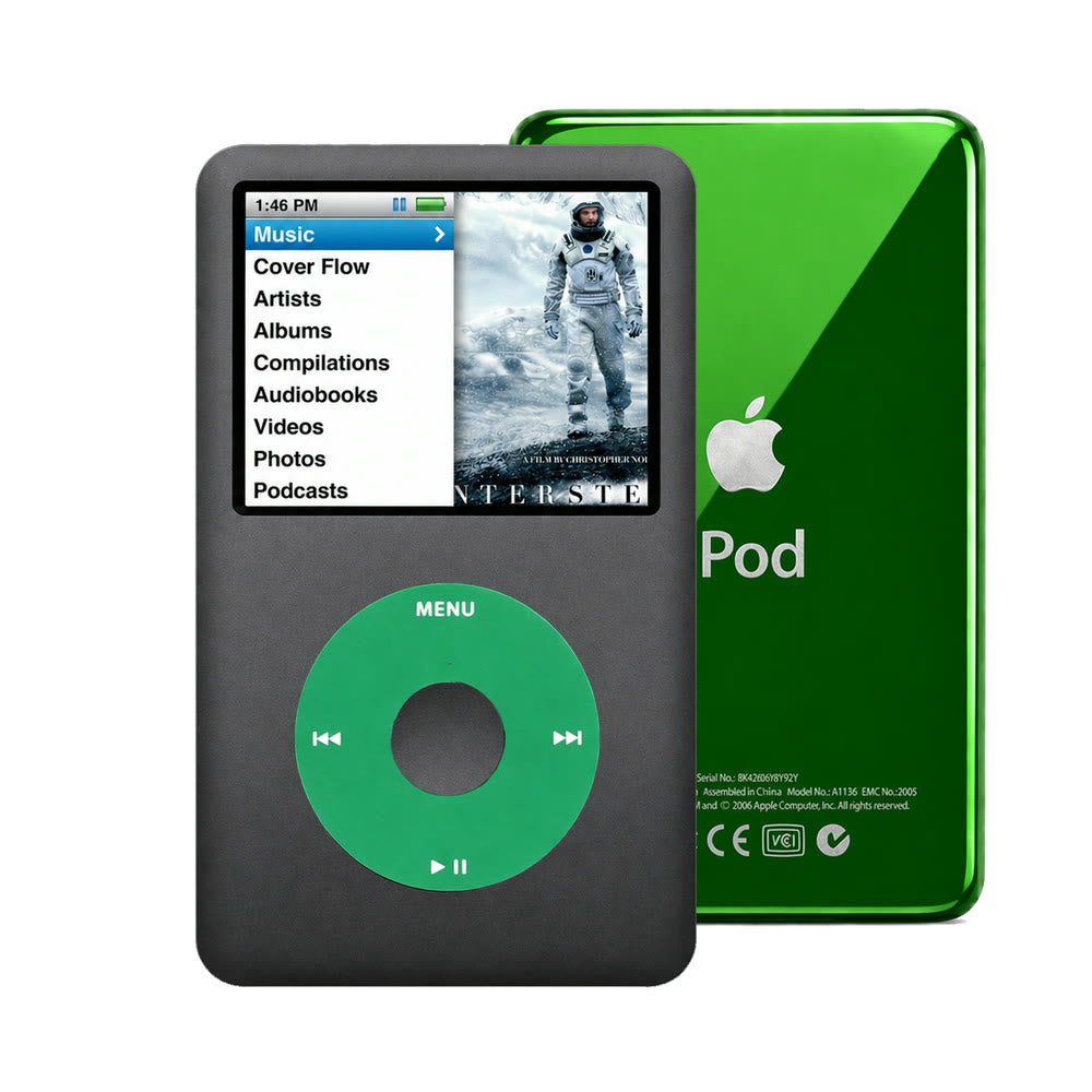 Dark Gray refurbished iPod Classic 7th Gen with Green click wheel and Green back plate