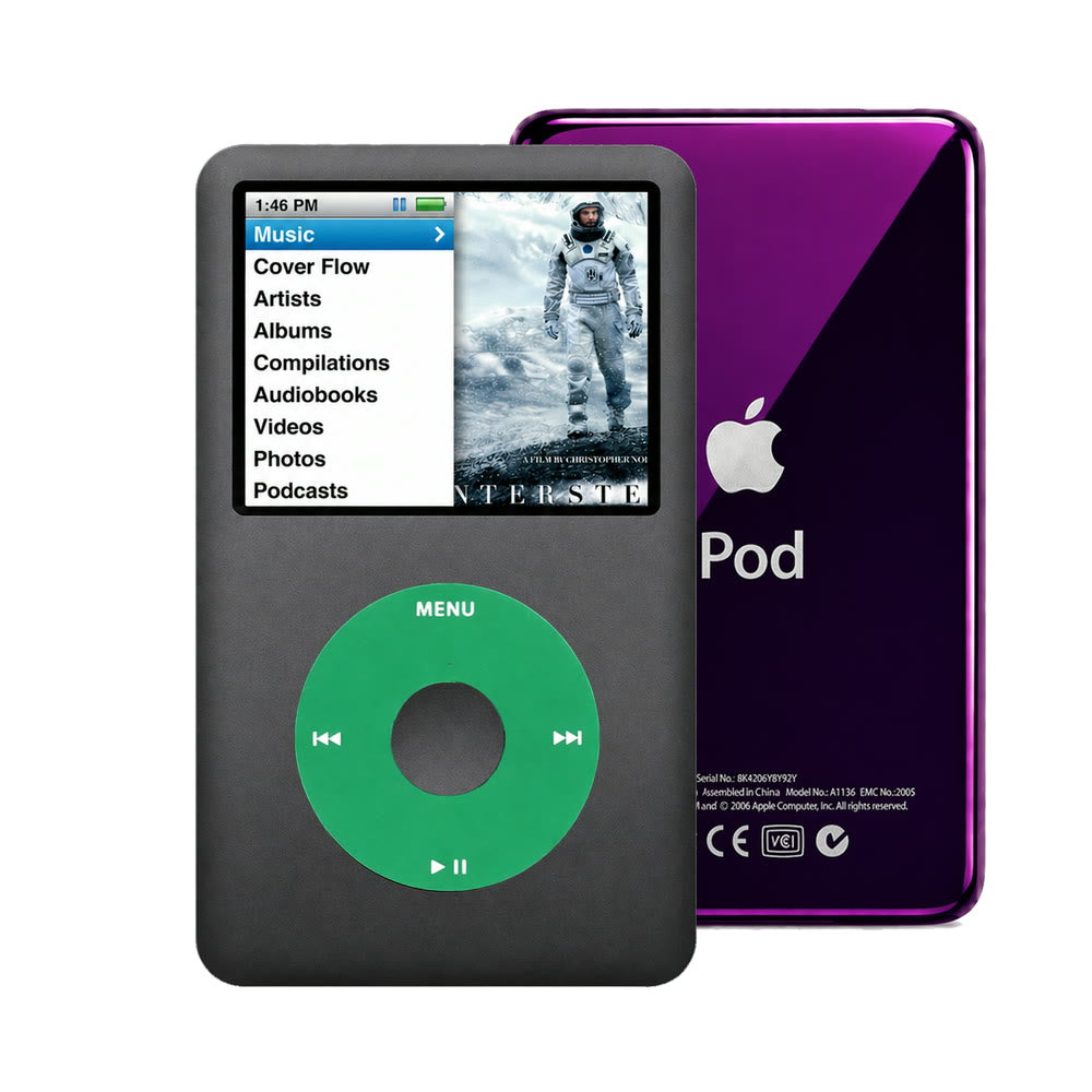 Dark Gray refurbished iPod Classic 7th Gen with Green click wheel and Purple back plate