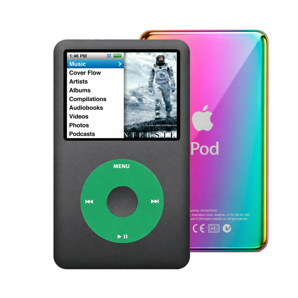 Dark Gray refurbished iPod Classic 7th Gen with Green click wheel and Rainbow back plate
