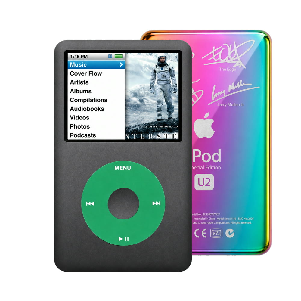 Dark Gray refurbished iPod Classic 7th Gen with Green click wheel and Rainbow U2 back plate