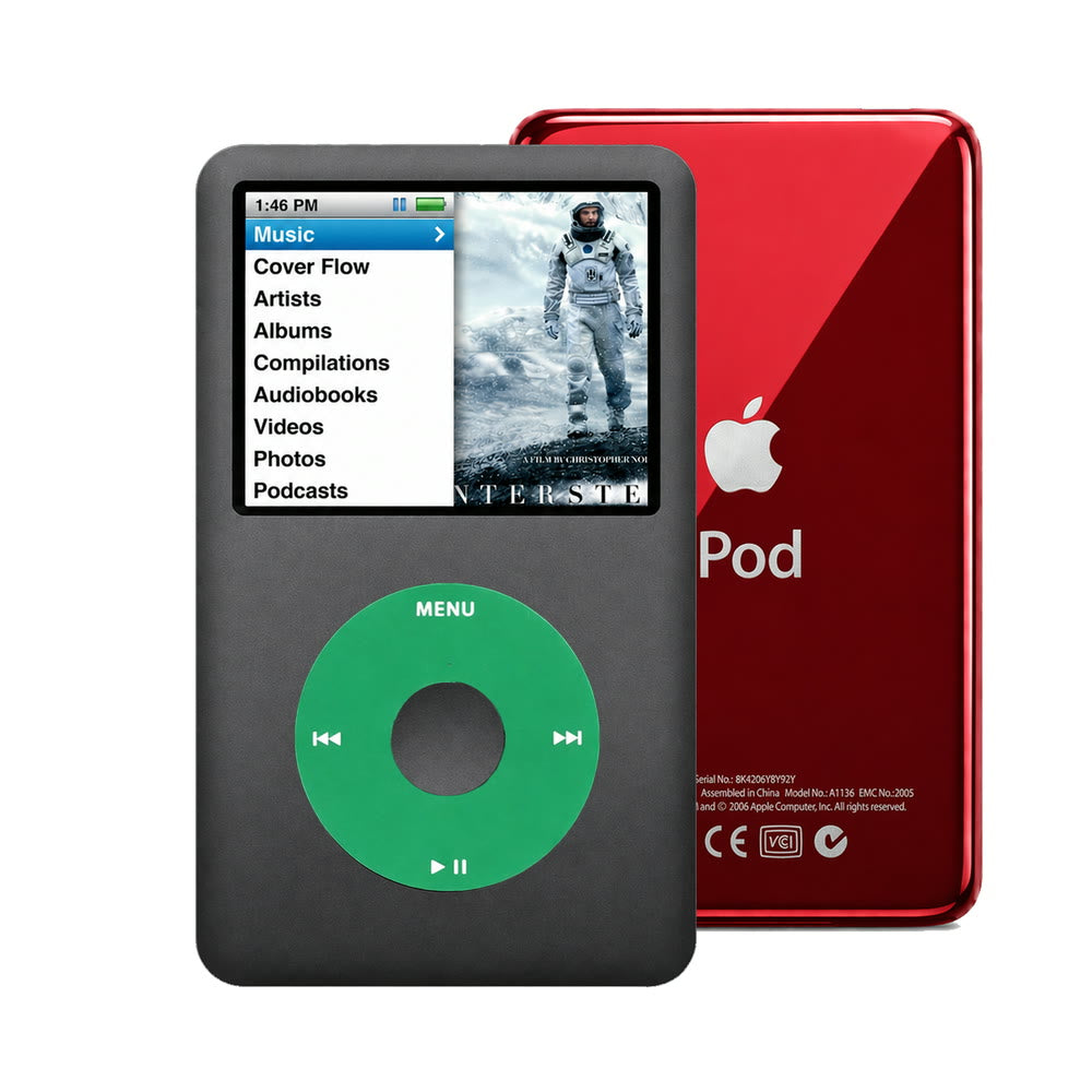 Dark Gray refurbished iPod Classic 7th Gen with Green click wheel and Red back plate