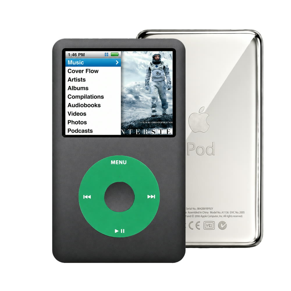Dark Gray refurbished iPod Classic 7th Gen with Green click wheel and Silver back plate