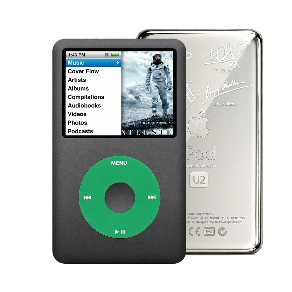 Dark Gray refurbished iPod Classic 7th Gen with Green click wheel and Silver U2 back plate