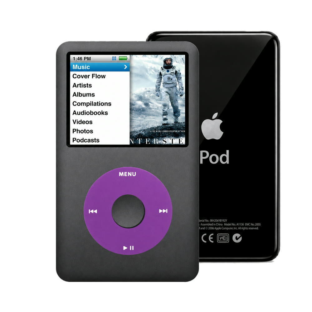Dark Gray refurbished iPod Classic 7th Gen with Purple click wheel and Black back plate