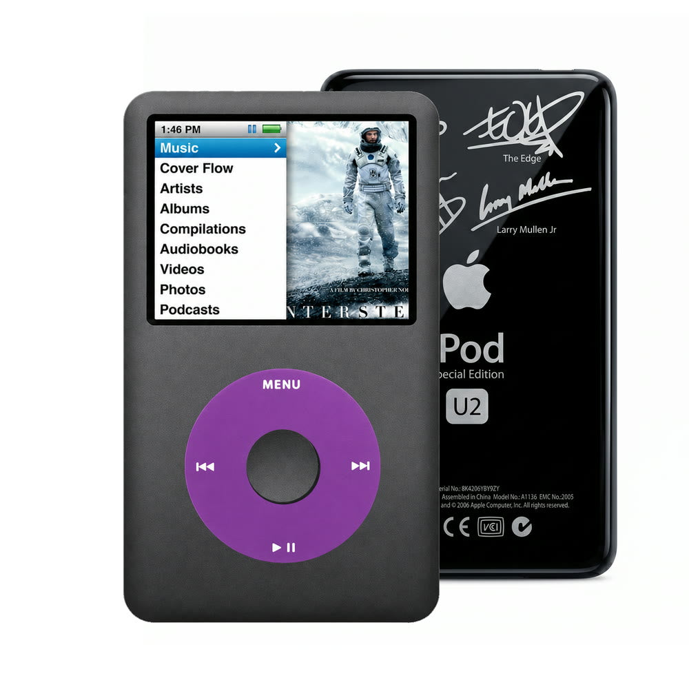 Dark Gray refurbished iPod Classic 7th Gen with Purple click wheel and Black U2 back plate