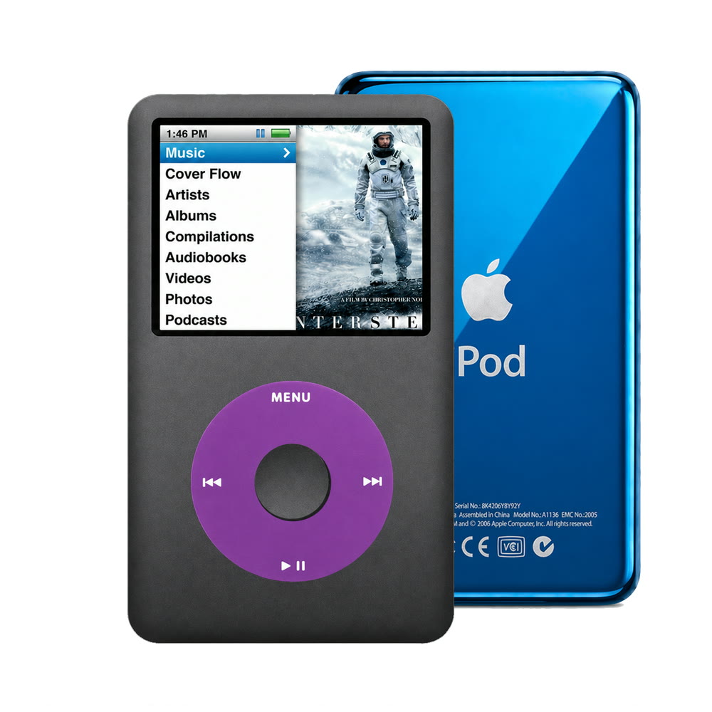 Dark Gray refurbished iPod Classic 7th Gen with Purple click wheel and Blue back plate