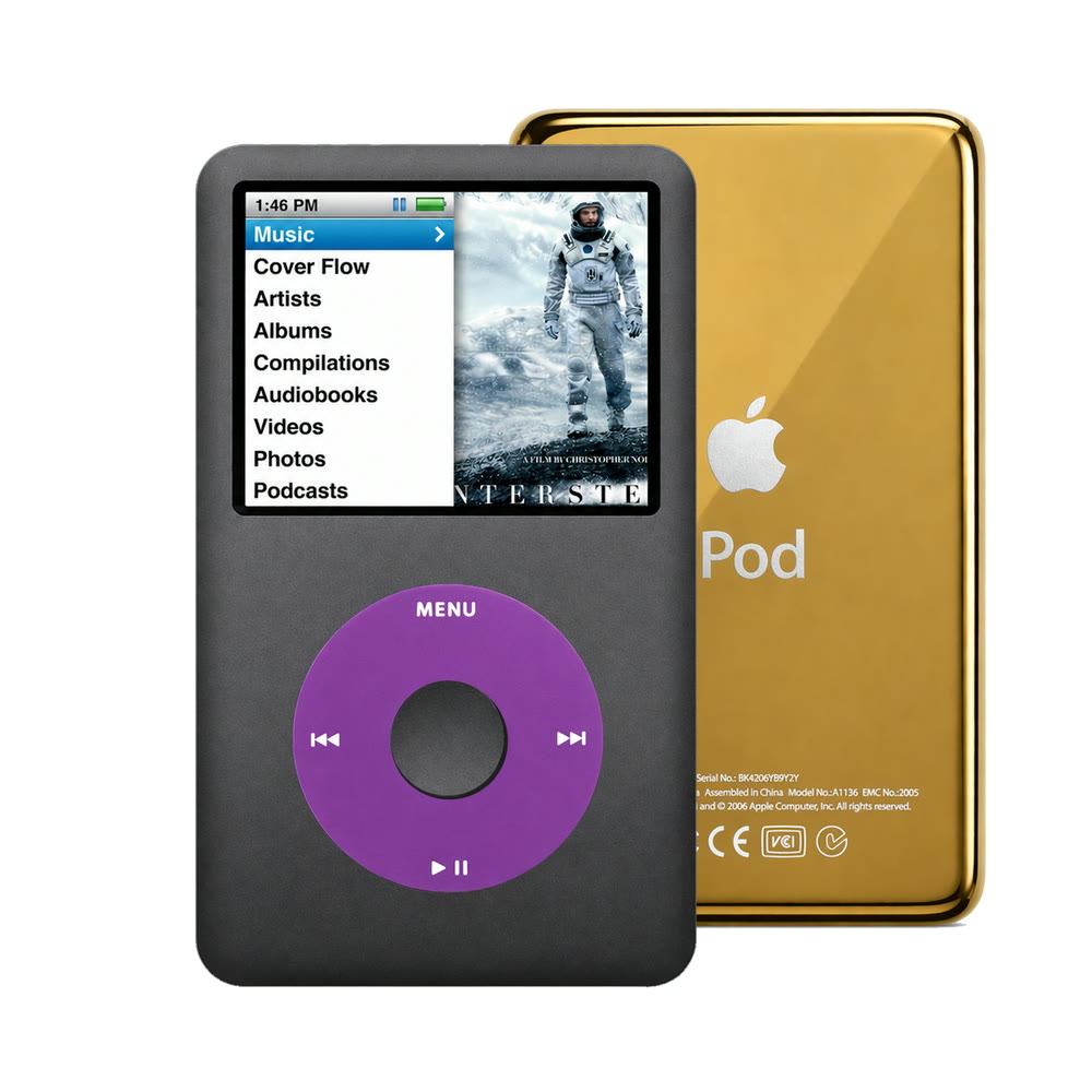 Dark Gray refurbished iPod Classic 7th Gen with Purple click wheel and Gold back plate