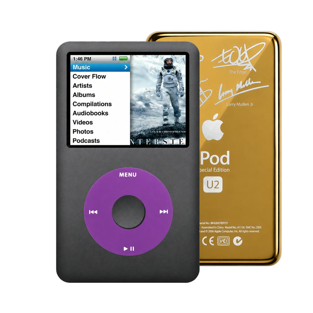 Dark Gray refurbished iPod Classic 7th Gen with Purple click wheel and Gold U2 back plate