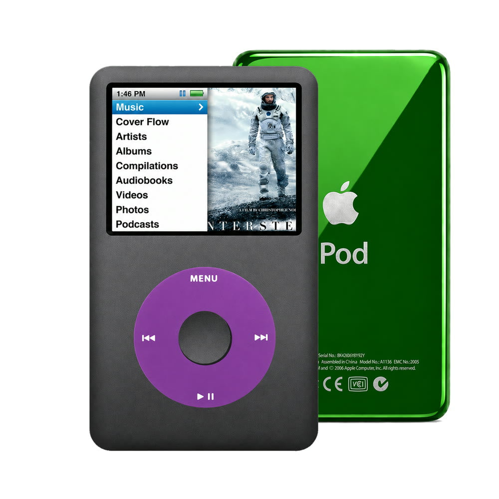 Dark Gray refurbished iPod Classic 7th Gen with Purple click wheel and Green back plate