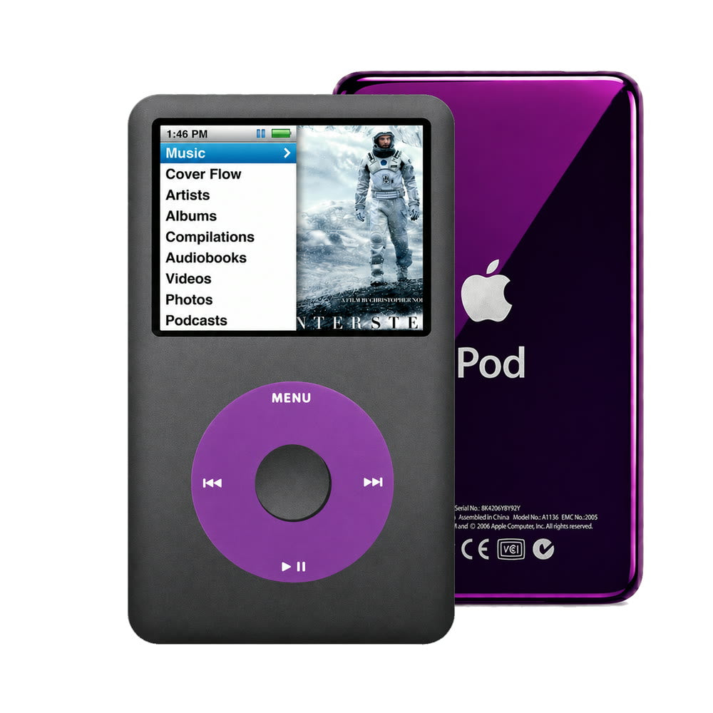 Dark Gray refurbished iPod Classic 7th Gen with Purple click wheel and Purple back plate