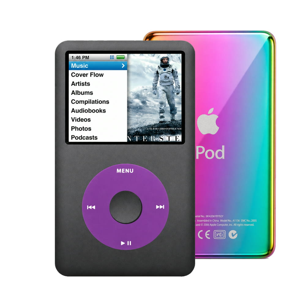 Dark Gray refurbished iPod Classic 7th Gen with Purple click wheel and Rainbow back plate