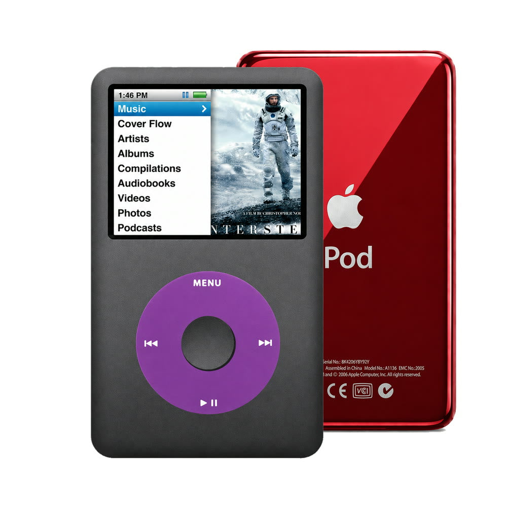 Dark Gray refurbished iPod Classic 7th Gen with Purple click wheel and Red back plate