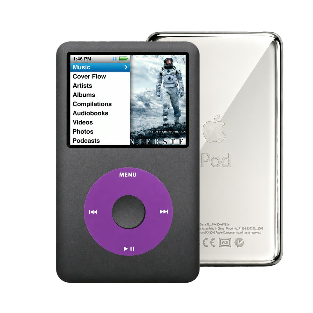 Dark Gray refurbished iPod Classic 7th Gen with Purple click wheel and Silver back plate