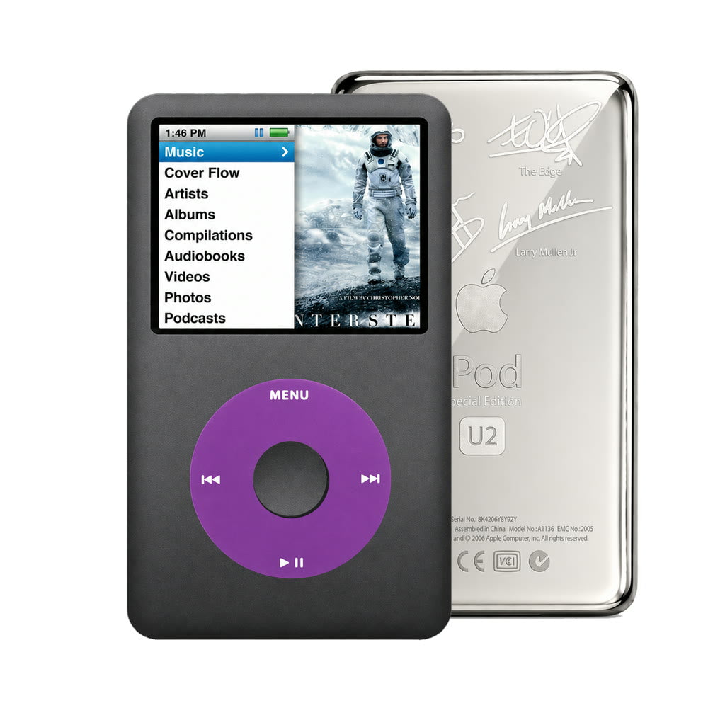 Dark Gray refurbished iPod Classic 7th Gen with Purple click wheel and Silver U2 back plate