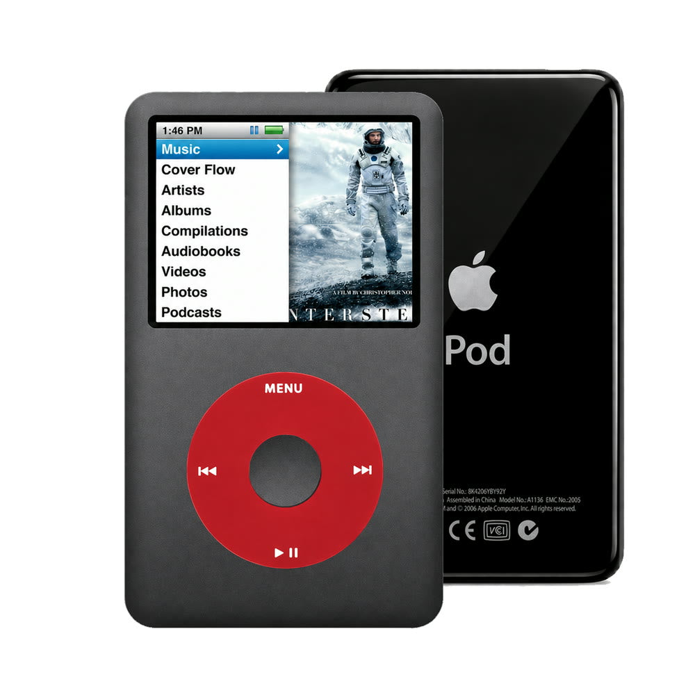 Dark Gray refurbished iPod Classic 7th Gen with Red click wheel and Black back plate