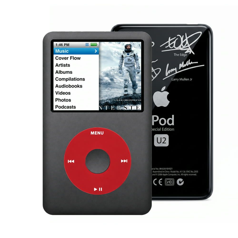 Dark Gray refurbished iPod Classic 7th Gen with Red click wheel and Black U2 back plate
