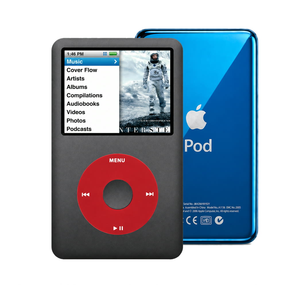 Dark Gray refurbished iPod Classic 7th Gen with Red click wheel and Blue back plate