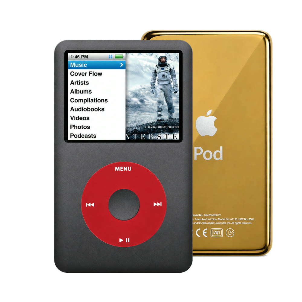 Dark Gray refurbished iPod Classic 7th Gen with Red click wheel and Gold back plate