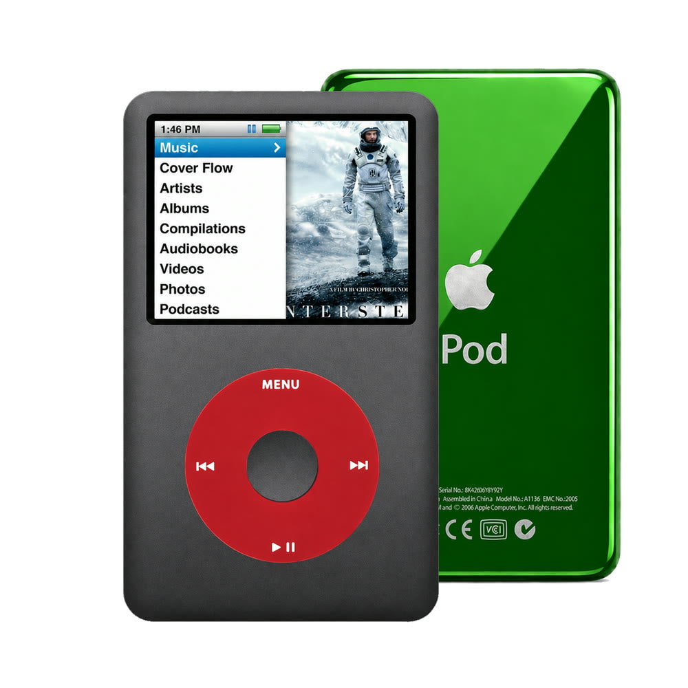 Dark Gray refurbished iPod Classic 7th Gen with Red click wheel and Green back plate