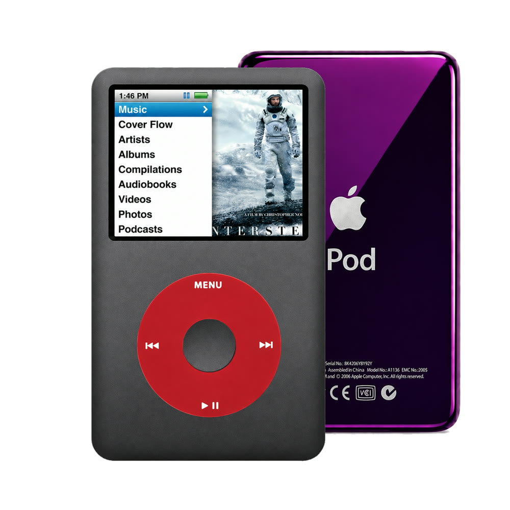 Dark Gray refurbished iPod Classic 7th Gen with Red click wheel and Purple back plate