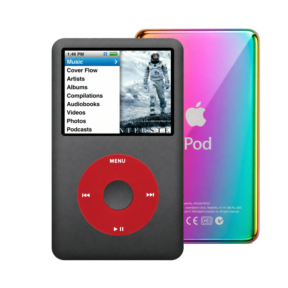 Dark Gray refurbished iPod Classic 7th Gen with Red click wheel and Rainbow back plate