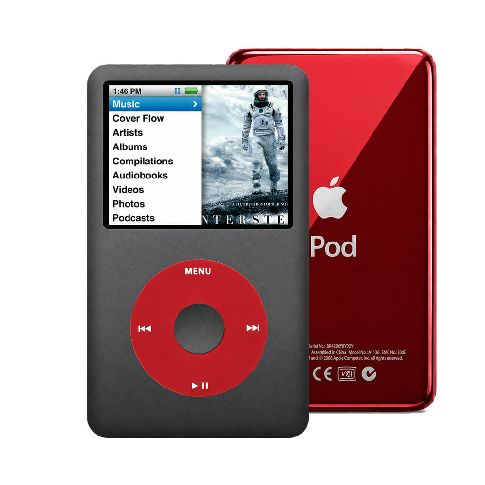 Dark Gray refurbished iPod Classic 7th Gen with Red click wheel and Red back plate
