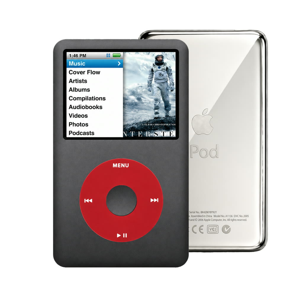 Dark Gray refurbished iPod Classic 7th Gen with Red click wheel and Silver back plate