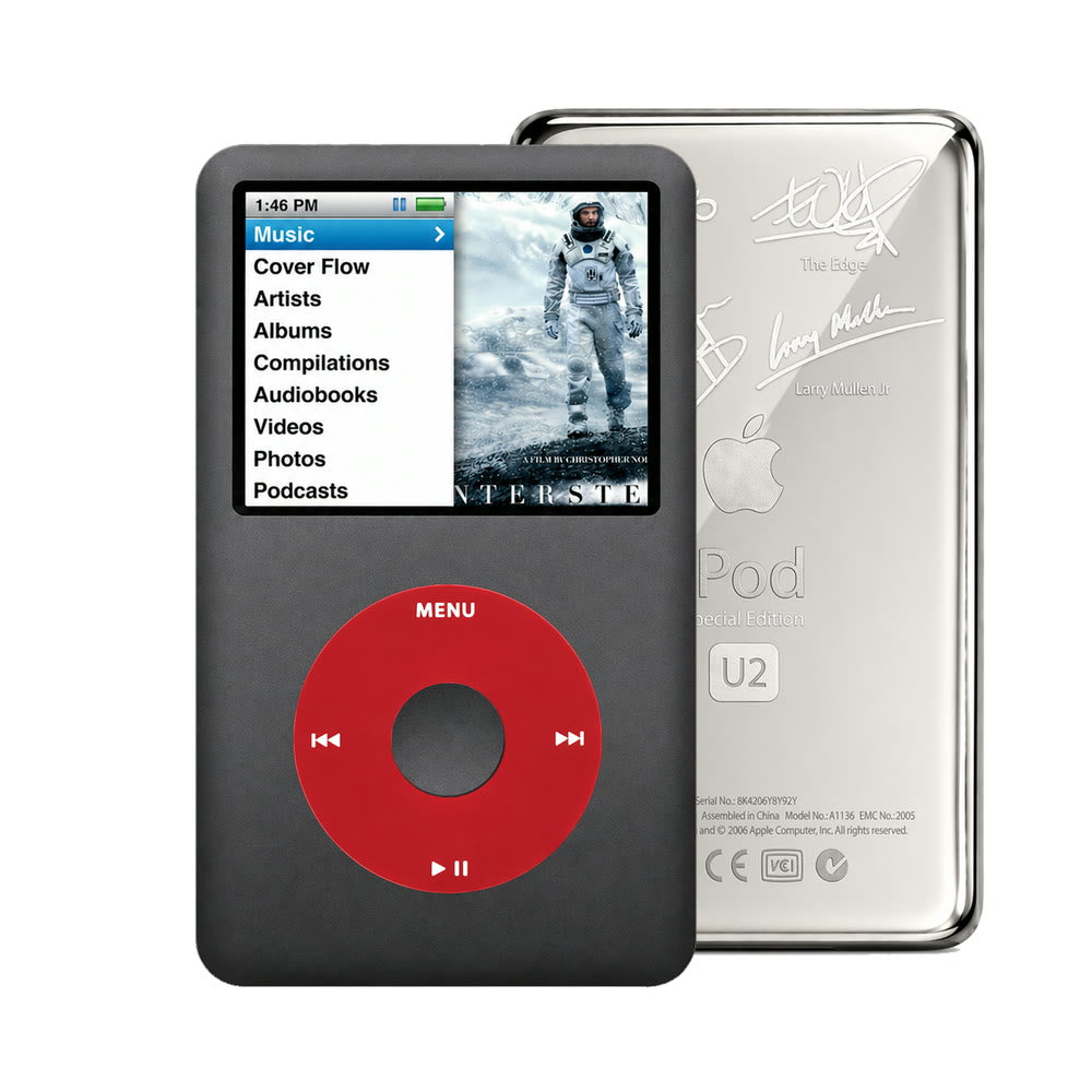 Dark Gray refurbished iPod Classic 7th Gen with Red click wheel and Silver U2 back plate