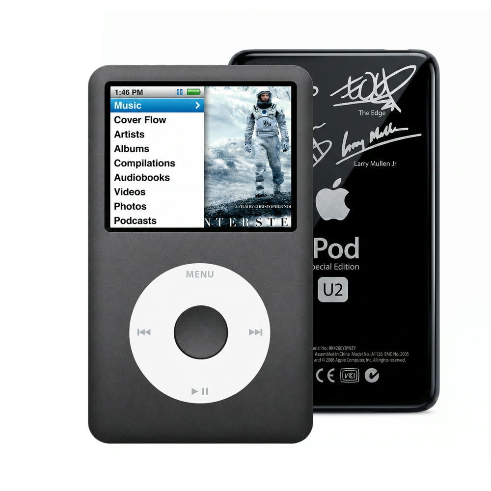 Dark Gray refurbished iPod Classic 7th Gen with White click wheel and Black U2 back plate