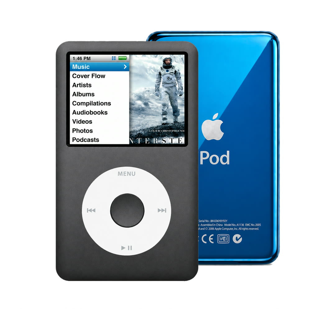 Dark Gray refurbished iPod Classic 7th Gen with White click wheel and Blue back plate