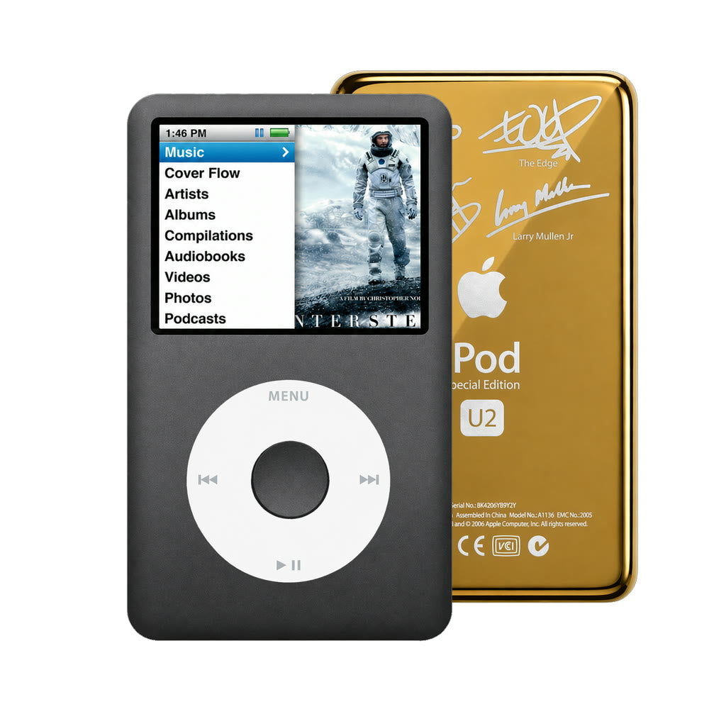 Dark Gray refurbished iPod Classic 7th Gen with White click wheel and Gold U2 back plate