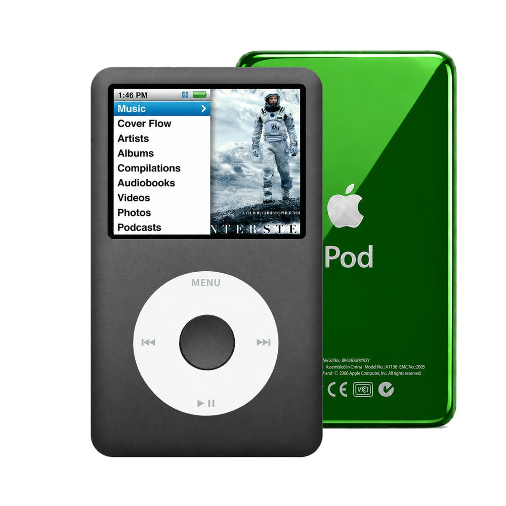 Dark Gray refurbished iPod Classic 7th Gen with White click wheel and Green back plate