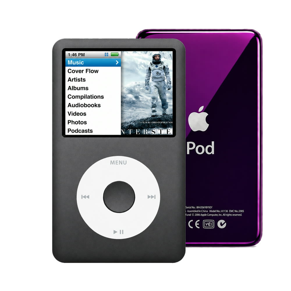 Dark Gray refurbished iPod Classic 7th Gen with White click wheel and Purple back plate