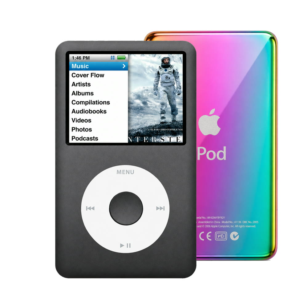 Dark Gray refurbished iPod Classic 7th Gen with White click wheel and Rainbow back plate