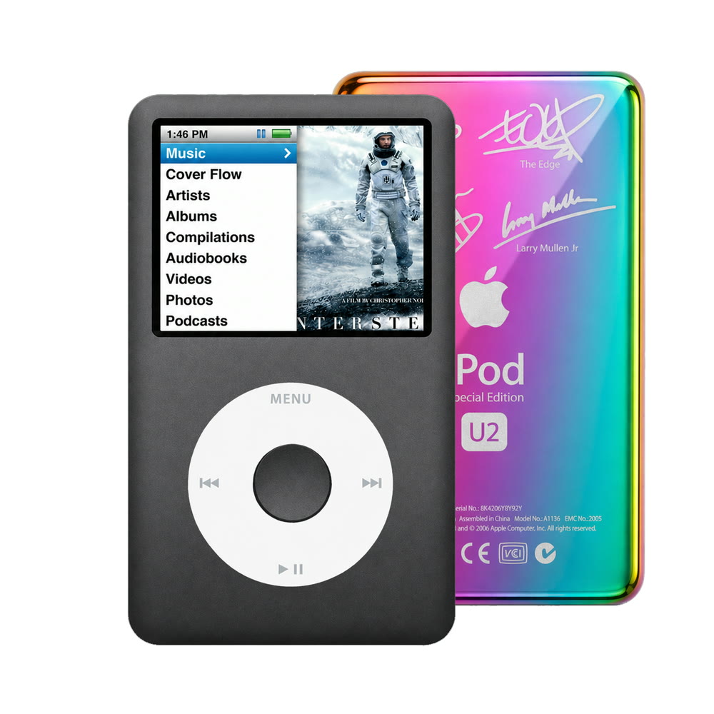 Dark Gray refurbished iPod Classic 7th Gen with White click wheel and Rainbow U2 back plate