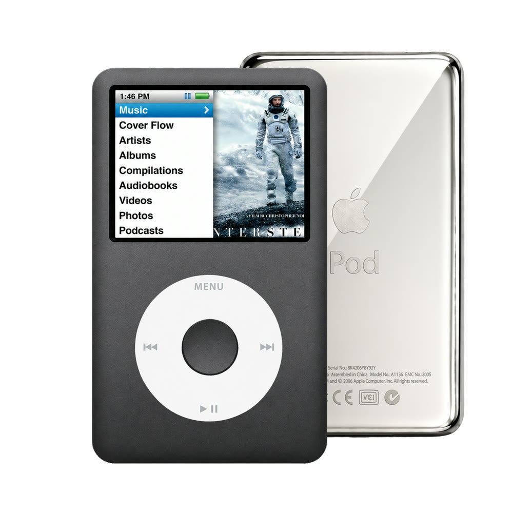 Dark Gray refurbished iPod Classic 7th Gen with White click wheel and Silver back plate