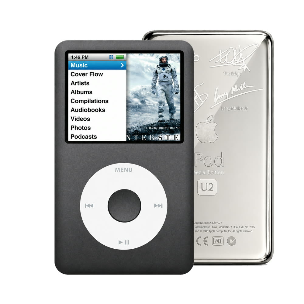 Dark Gray refurbished iPod Classic 7th Gen with White click wheel and Silver U2 back plate