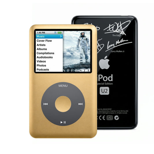Gold refurbished iPod Classic 7th Gen with Black click wheel and Black U2 back plate