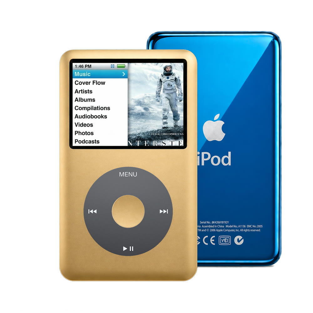 Gold refurbished iPod Classic 7th Gen with Black click wheel and Blue back plate