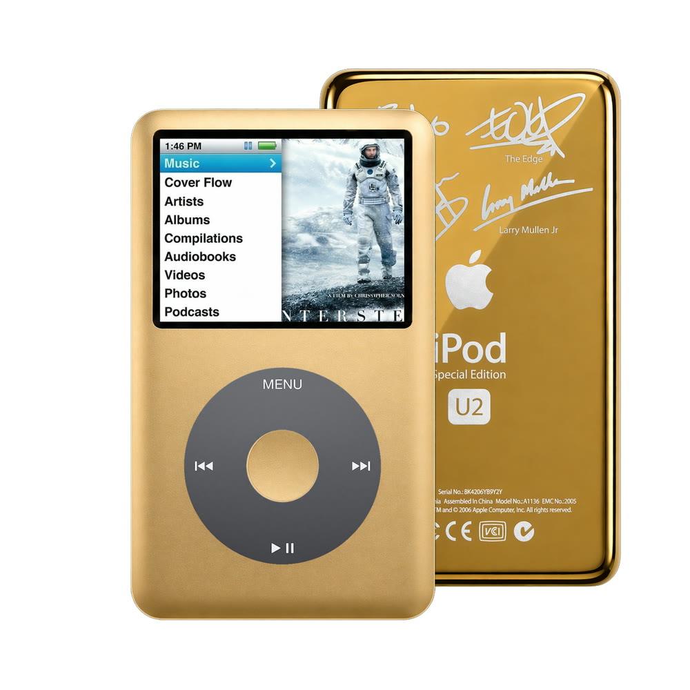 Gold refurbished iPod Classic 7th Gen with Black click wheel and Gold U2 back plate