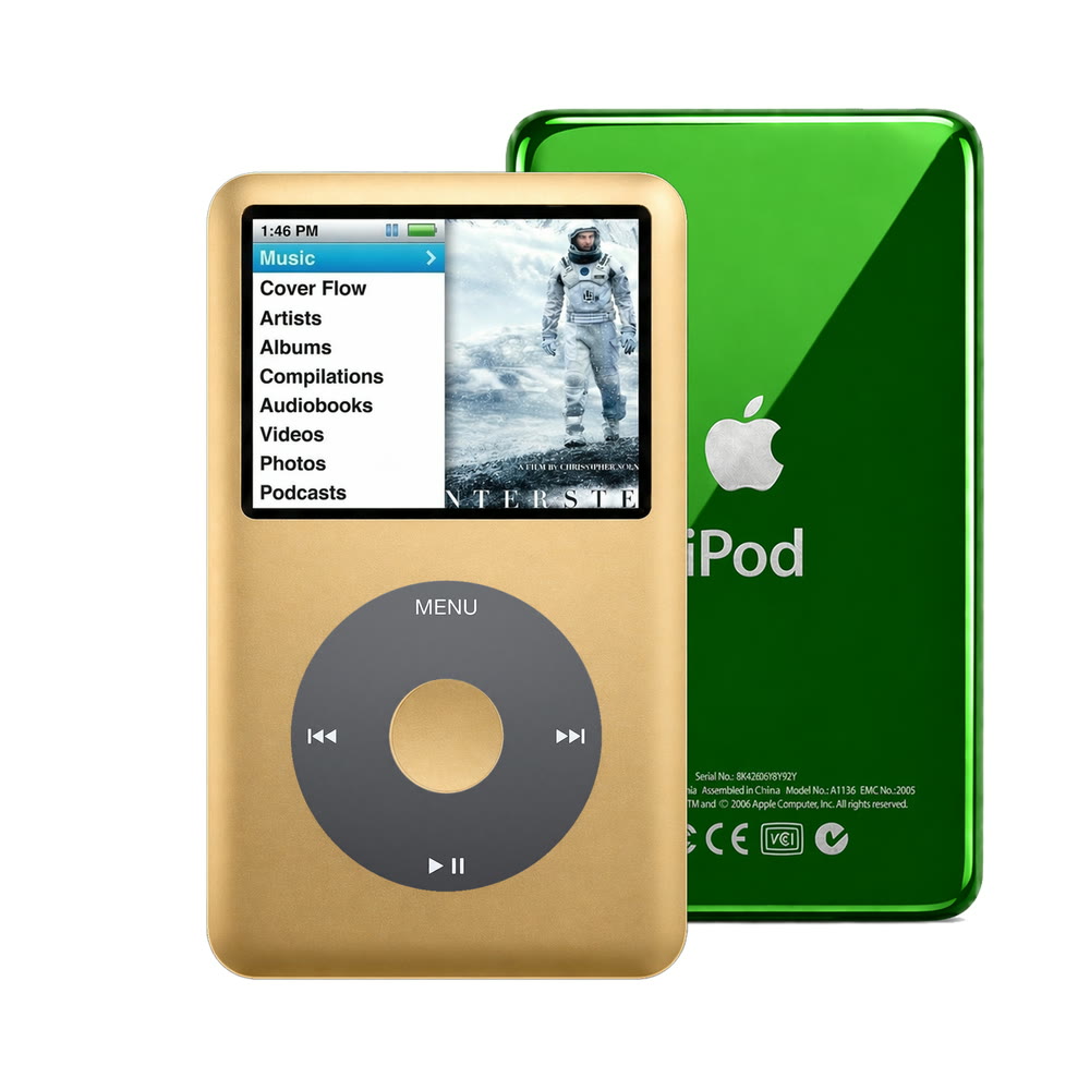 Gold refurbished iPod Classic 7th Gen with Black click wheel and Green back plate