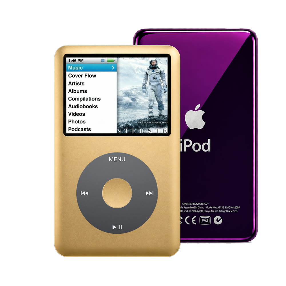 Gold refurbished iPod Classic 7th Gen with Black click wheel and Purple back plate
