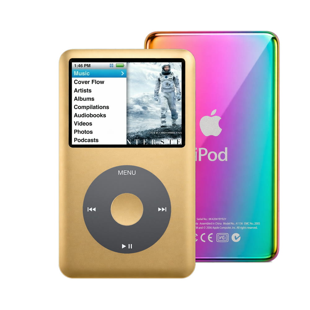 Gold refurbished iPod Classic 7th Gen with Black click wheel and Rainbow back plate