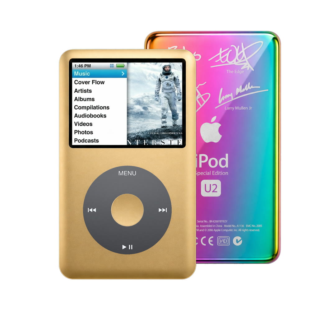 Gold refurbished iPod Classic 7th Gen with Black click wheel and Rainbow U2 back plate