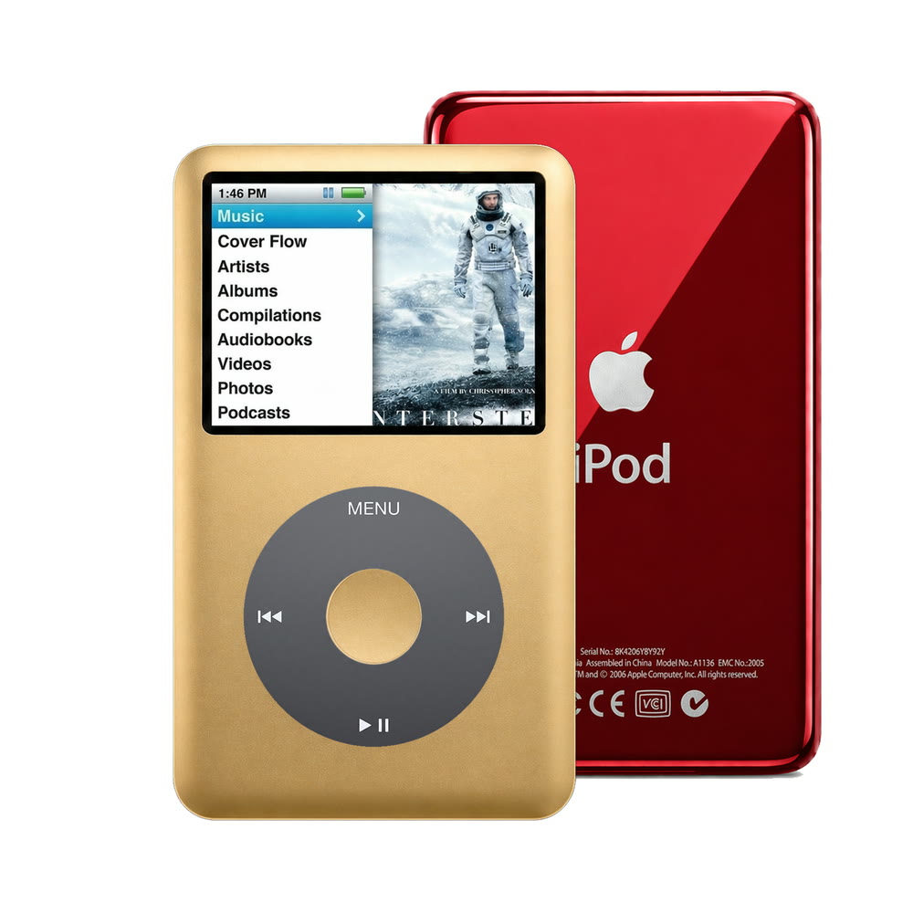 Gold refurbished iPod Classic 7th Gen with Black click wheel and Red back plate
